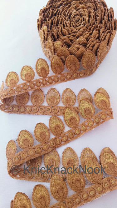 Off White Tissue Fabric Cutwork Embroidered Lace Trim With Off White / Brown and Gold Embroidery, Approx. 45mm Wide, One yard Lace